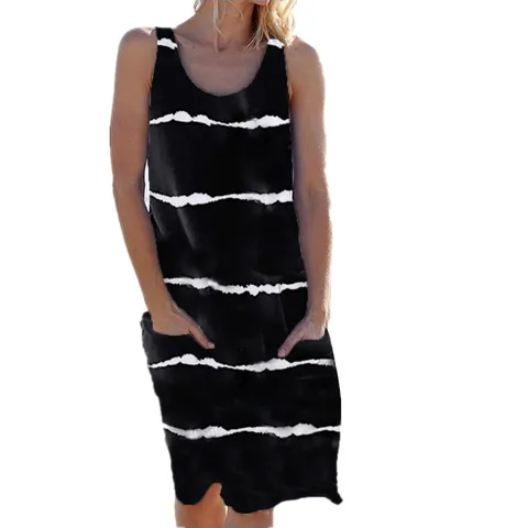 Damen Casual Baumwollmischung Ärmellos U-Ausschnitt Gestreift Druck Unregelmäßig Midikleid Sommer Mode