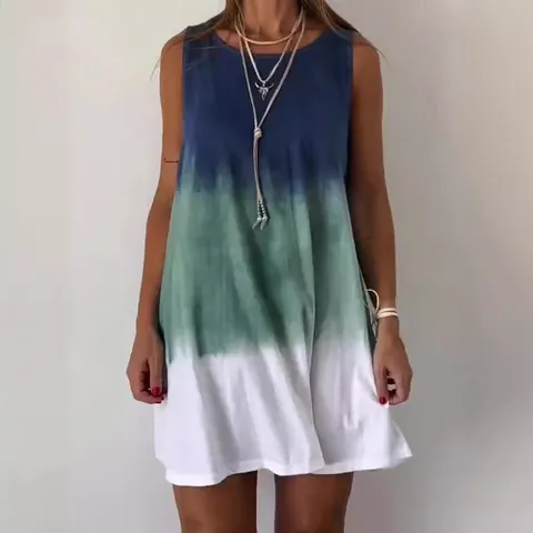 Γυναικείο Casual Midi Φόρεμα από Μείγμα Πολυεστέρα με Nτεγκραντέ Στρογγυλή Λαιμόκοψη Αμάνικο