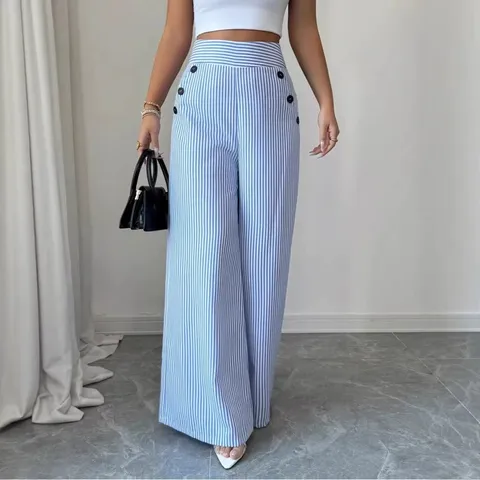Γυναικείο Casual Παντελόνι Μακρύ με Ψηλή Μέση και Ριγέ Σχέδιο με Διπλά Κουμπιά και Τσέπες
