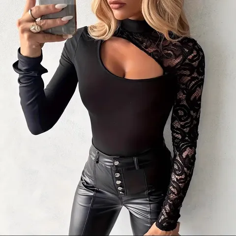 Γυναικείο Casual T-Shirt Μακρυμάνικο Στενή Γραμμή Ψηλός Γιακάς Ραφή Δαντέλας