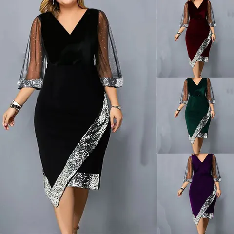 Women's Velvet Irregular Sequins Sheer Mesh Long Sleeve V-Neck Dress Elegant Slim Fit Evening Party Midi Dress