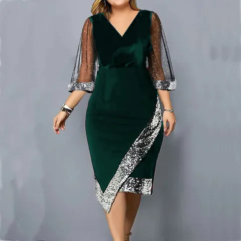Women's Velvet Irregular Sequins Sheer Mesh Long Sleeve V-Neck Dress Elegant Slim Fit Evening Party Midi Dress