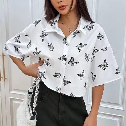 Blusa Casual de Verano para Mujer Manga Corta Cuello Camisero Monopetto Estampado de Mariposa Dulce