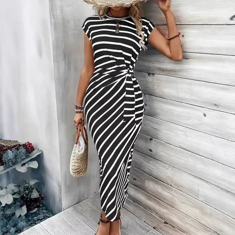 Γυναικείο Casual Στρογγυλή Λαιμόκοψη Κοντό Μανίκι Μακρύ Φόρεμα Καλοκαιρινό Ριγέ Slim Fit Maxi Φόρεμα με Ζώνη Μέσης