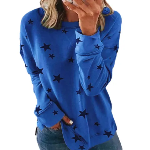 Women's Casual Cotton Blend Long Sleeve Crew Neck Sweatshirt Loose Fit Star Print Pullover Top
