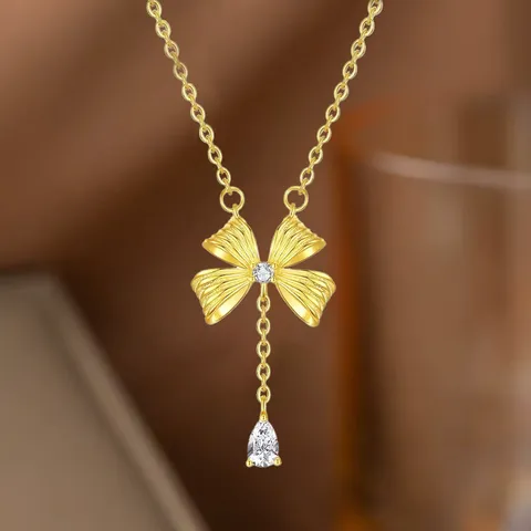 Damen Elegant Schleife Schmetterling Zirkonia Anhänger Halskette Titanstahl Kupfer Gold Silber Plattiert Zirkon Halskette Schlüsselbein Kette Schmuck Geschenk