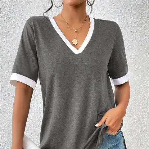 Maglietta da Donna Casual Larga Scollo a V Colore a Contrasto Manica Corta Media Lunga in Poliestere