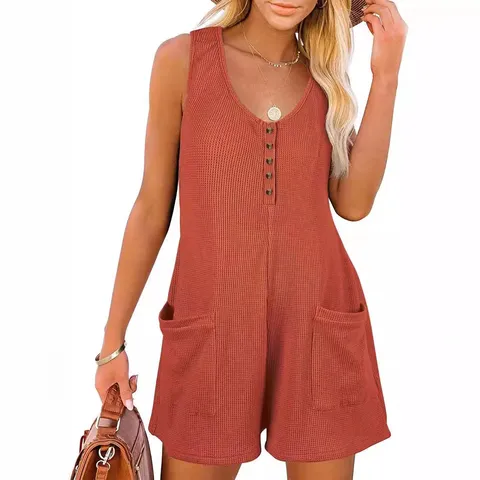 Women Casual Cotton Blend Solid Color Sleeveless Button Front Pockets Romper Summer Straight Jumpsuit