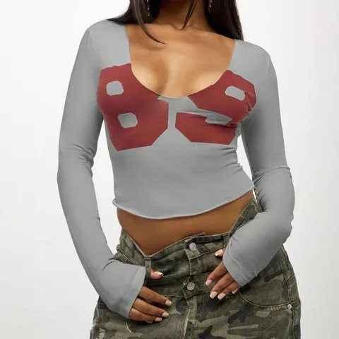 Γυναικείο Casual T-Shirt από Μείγμα Βαμβακιού Μακρυμάνικο με U-Laimokopsi Slim Fit με Εκτύπωση Αριθμού