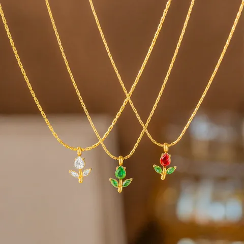 Nischen Design Titanstahl Tulpe Blume Anhänger Halskette Bunte Zirkonia Schlüsselbein Kette Vergoldete Rose Halskette Damen Schmuck