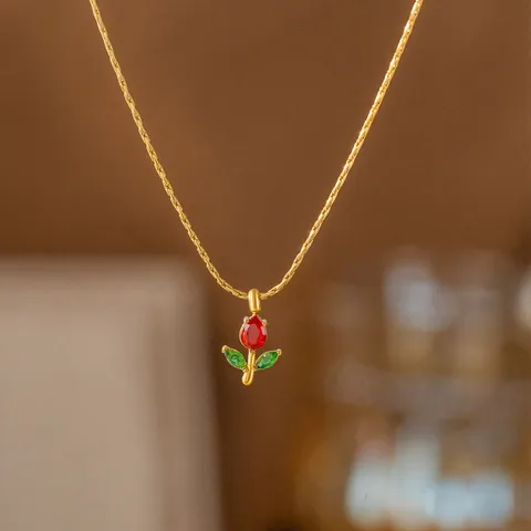 Nischen Design Titanstahl Tulpe Blume Anhänger Halskette Bunte Zirkonia Schlüsselbein Kette Vergoldete Rose Halskette Damen Schmuck