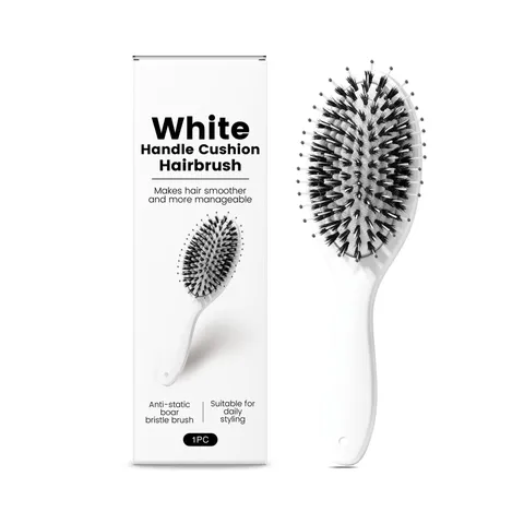 White Handle Boar Bristle Cushion Hair Brush Anti Static Scalp Massage Hairbrush Portable Daily Hair Styling Tool