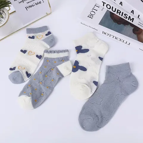 Women Summer Short Mesh Breathable Socks Cotton Low Cut Anti-Slip Sweat-Absorbent Casual Cute Floral Heart Socks