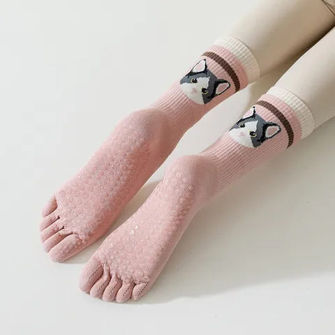 Women's Cute Cartoon Animal Split Toe Yoga Socks Mid Calf Cotton Non Slip Athletic Socks