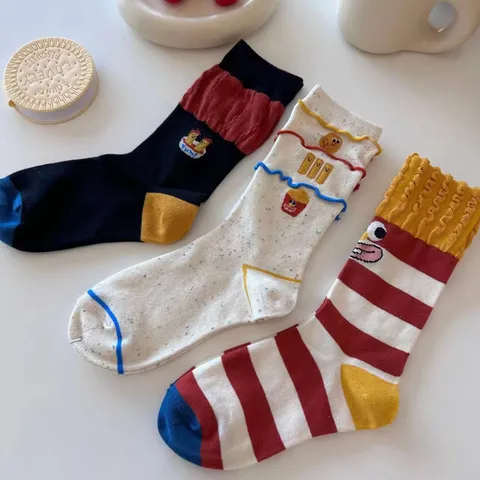 Funny Cartoon Fries Burger Embroidered Crew Socks Cute Dopamine Style Cotton Casual Daily Socks For Women