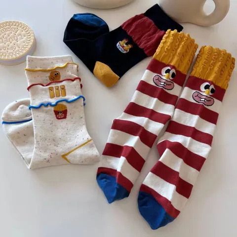 Funny Cartoon Fries Burger Embroidered Crew Socks Cute Dopamine Style Cotton Casual Daily Socks For Women