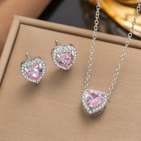Romantique Parure Bijoux Coeur Rose en Acier Inoxydable Zirconia Collier Boucles d Oreilles Bague Pour Femmes Cadeau