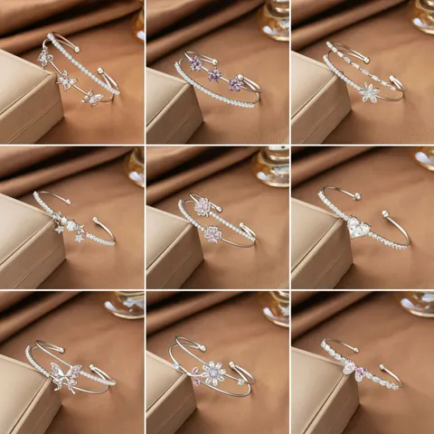 Luxus Schmetterling Blume Offener Armreif Für Damen Elegant Kupfer Strass Blatt Herz Stern Verstellbares Manschetten Armband Schmuck Geschenk Zubehör