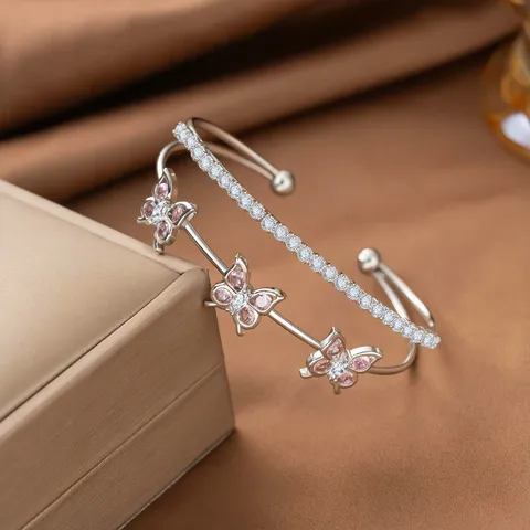 Luxus Schmetterling Blume Offener Armreif Für Damen Elegant Kupfer Strass Blatt Herz Stern Verstellbares Manschetten Armband Schmuck Geschenk Zubehör