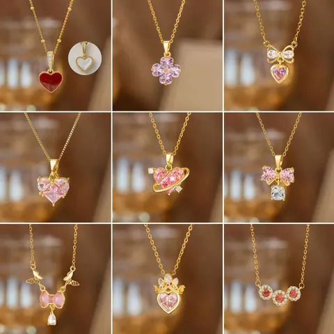 Titanstahl Kupfer Zirkonia Halskette Für Damen Vergoldet Rosa Zirkonia Herz Schleife Krone Saturn Kleeblatt Anhänger Schlüsselbein Kette Schmuck