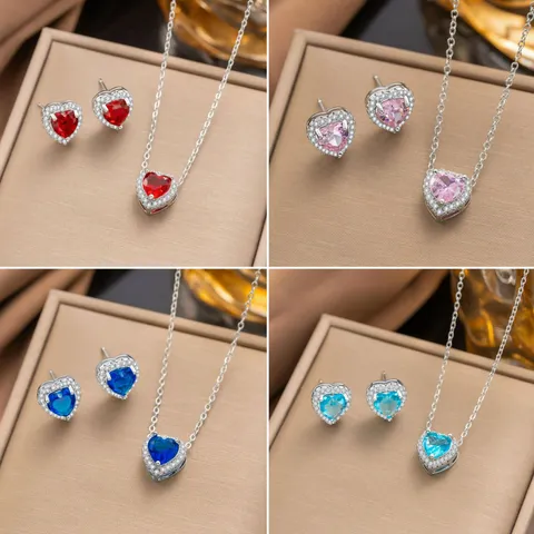 Mikro Eingelegtes Zirkonia Herz Halskette Ohrringe Ring Titanstahl Kupfer Leichter Luxusschmuck Dreiteiliges Set Für Damen