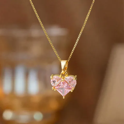 Titanstahl Kupfer Zirkonia Halskette Für Damen Vergoldet Rosa Zirkonia Herz Schleife Krone Saturn Kleeblatt Anhänger Schlüsselbein Kette Schmuck