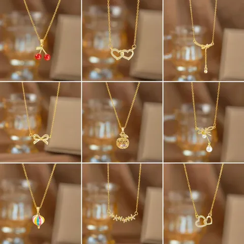 Leichter Luxus Edelstahl Zirkonia Anhänger Halskette Für Damen Elegante Kirsch Herz Bogen Knoten Schlüsselbein Kette Schmuck
