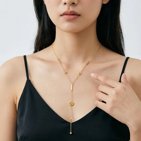 Edelstahl Y-Form Quasten Halskette Für Damen Goldene Blume Herz Kreuz Perle Strass Anhänger Halskette Mode Schmuck Geschenk