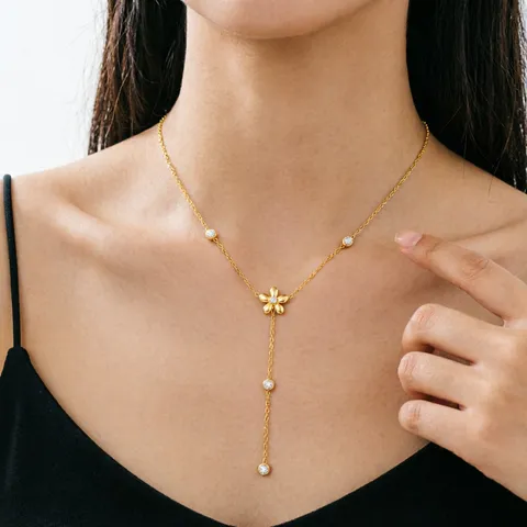 Edelstahl Y-Form Quasten Halskette Für Damen Goldene Blume Herz Kreuz Perle Strass Anhänger Halskette Mode Schmuck Geschenk