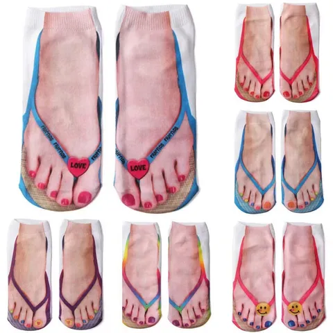 Funny 3D Print Flip Flop Manicure Socks Novelty Unisex Short Crew Socks Simulation Summer Casual Hosiery