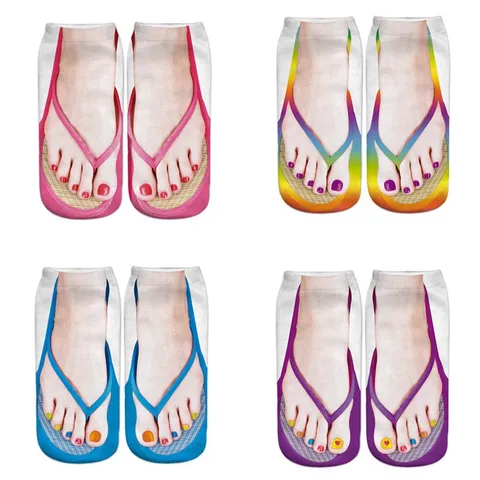 Funny 3D Print Flip Flop Manicure Socks Novelty Unisex Short Crew Socks Simulation Summer Casual Hosiery