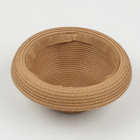Women's Summer Straw Hat Korean Style Casual Foldable Dome Sun Protection Beach Vacation Hat With Black Bow Ribbon