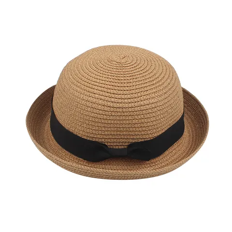 Women's Summer Straw Hat Korean Style Casual Foldable Dome Sun Protection Beach Vacation Hat With Black Bow Ribbon