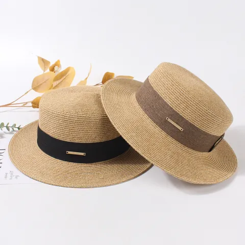 Chapeau de Paille Pliable pour Femmes Fedora Calotte Plate Française Large Bord Protection Solaire Été Plage Ruban Plaque Métallique