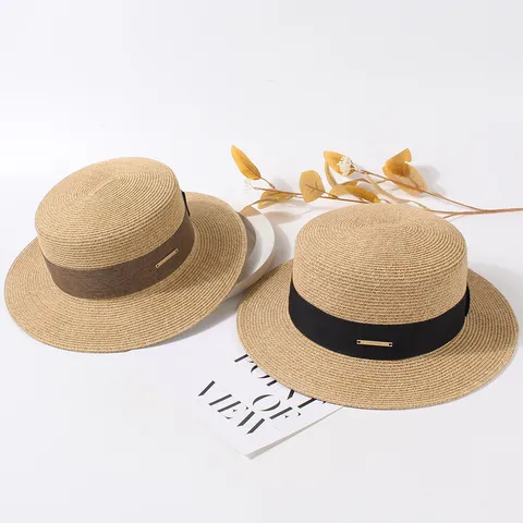 Chapeau de Paille Pliable pour Femmes Fedora Calotte Plate Française Large Bord Protection Solaire Été Plage Ruban Plaque Métallique