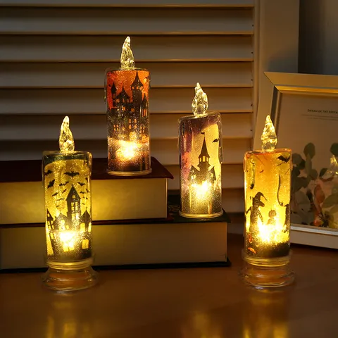 Halloween LED Simulation Candle Light Spooky Atmosphere Lamp Pumpkin Castle Pattern Party Prop Decorative Lighting