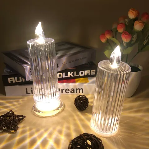 Lumière de Bougie Électronique LED Diamant Colonne de Cristal Transparente Veilleuse Chaude pour la Décoration de Chambre de Fête à la Maison