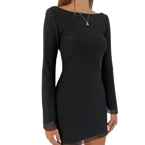 Damen Elegant Langarm Schulterfrei Mesh Einsatz Bodycon Midi Kleid Slim Fit Einifarbig Party Kleid