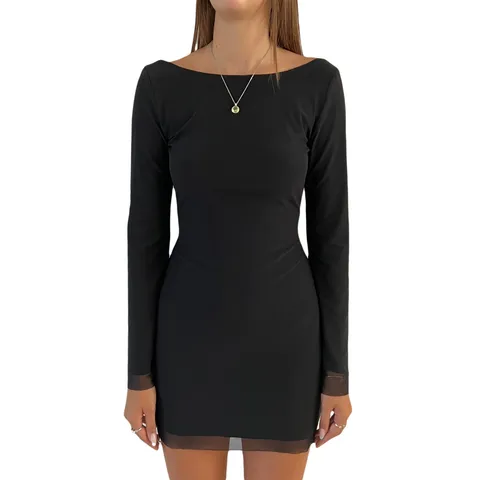 Damen Elegant Langarm Schulterfrei Mesh Einsatz Bodycon Midi Kleid Slim Fit Einifarbig Party Kleid