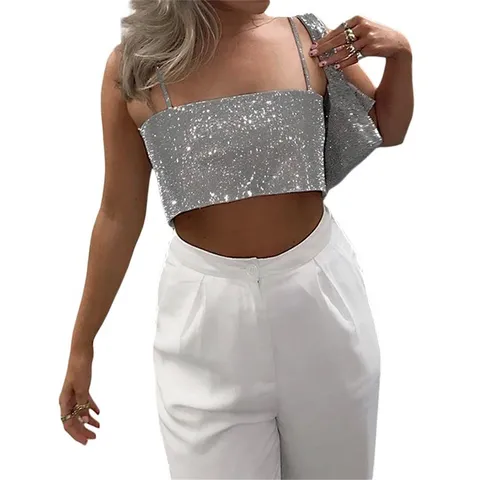 Women's Sexy Sequin Cami Vest Sparkly Glitter Halter Backless Party Club Crop Top Silver