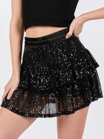 Women Fashion Sequin Party Nightclub Mini Skirt High Waist Layered Tiered Ruffle Skirt Polyester Clubwear