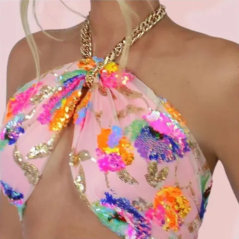 Women's Sexy Colorful Sequin Embroidery Tube Top Halter Metal Chain Backless Party Clubwear