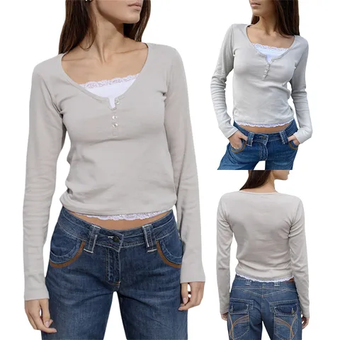Women's Casual Cotton Long Sleeve T-Shirt V-Neck Slim Fit Fake Two-Piece Lace Splicing Daily Top For Women Fashion Clothing