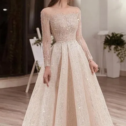 Damen Elegant Langarm Schulterfrei Patchwork Pailletten Maxi Partykleid Hohe Taille Prinzessin Abendkleid