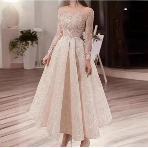 Damen Elegant Langarm Schulterfrei Patchwork Pailletten Maxi Partykleid Hohe Taille Prinzessin Abendkleid