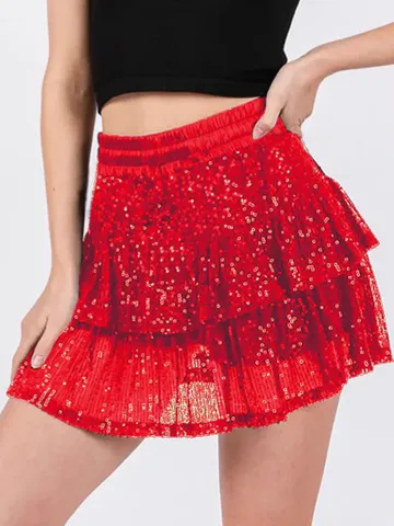 Women Fashion Sequin Party Nightclub Mini Skirt High Waist Layered Tiered Ruffle Skirt Polyester Clubwear