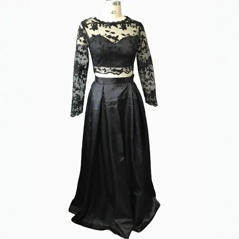 Damen Sexy Langarm Spitzenstickerei Crop Top Und Satin Maxirock Ober- und Unterteil Party Abendkleid