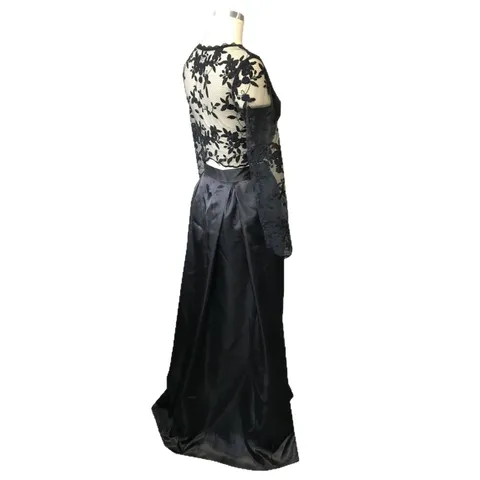 Damen Sexy Langarm Spitzenstickerei Crop Top Und Satin Maxirock Ober- und Unterteil Party Abendkleid
