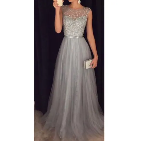 Damen Elegant Schulterfrei Ärmellos Pailletten Netz Maxi Abendkleid Langes Formelles Party Hochzeitskleid