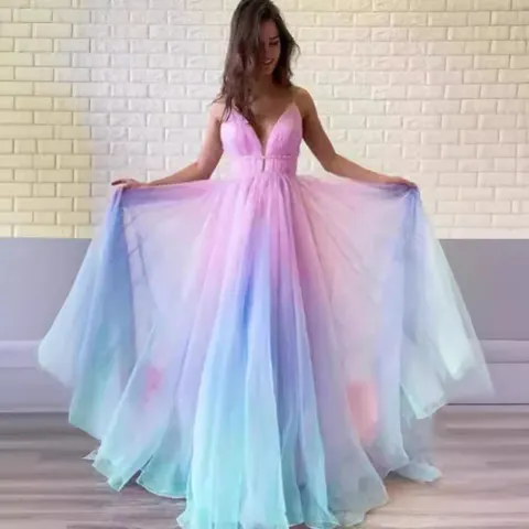 Damen Farbverlauf Chiffon Strand Maxi Kleid V-Ausschnitt Ärmellos Hohe Taille Party Urlaub Lang Kleid